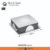 Stainless Steel Square Coaster Set Of 6 Pieces, Silver - 6 Pieces Coaster, 1 Stand | Durable, Rust Free